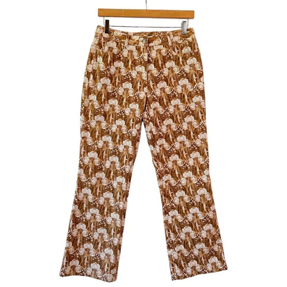 Y2K Etcetera Brown Dusty Pink Filigree Lotus Print Flare Crop Leg Jeans Size 4. - Picture 1 of 7